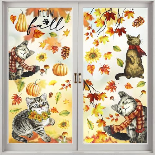 50 Stück Fensterbilder Herbst,Thanksgiving Ernte Fensterbilder Katze | Kürbis Herbst Blätter,Fenster Aufkleber,Selbstklebend für Haus Glas Anzeige Fenster Dekoration