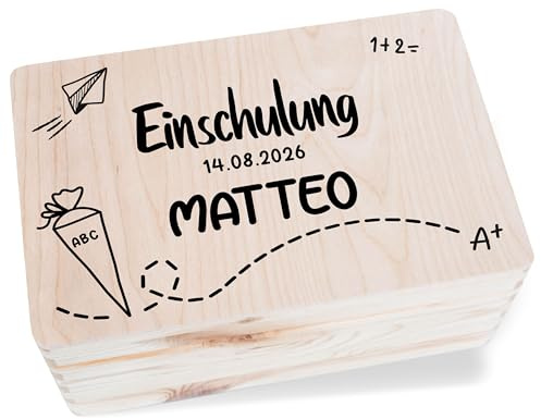 Holzkiste - Einschulung 2026 mit Name | Erinnerungsbox zum Schulanfang | Kiste mit Erinnerungen zur Einschulung - 30x20x14 cm - Holz - box einschulung￼ erinnerskiste schulzeit 1 schuljahr