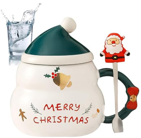 Dreuhuing Weihnachtliche Kaffeetasse, 500 ml, Keramik-Milchbecher mit Weihnachtsmützen-Deckel und Weihnachtsmann-Löffel, Saftbecher für Kaffee, Tee, Milch, ästhetische Raumdekoration