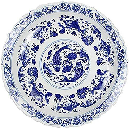 OQHAIR Cuenco Grande De Cerámica con Patrón De Pescado para Sopa Ensalada De Frutas Plato Hondo Gran Capacidad Lavabo De Porcelana Azul Y Blanco Pintado A Mano Bandeja De Decoraciones De
