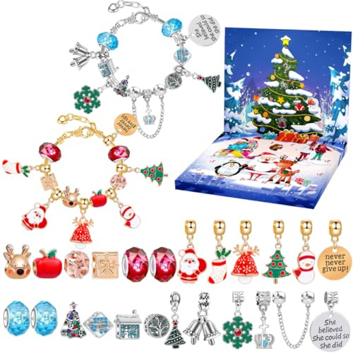 Adventskalender 2024 Kinder Mädchen, Weihnachtskalender Schmuck 24 Füllung Adventskalender Schmuck Basteln Mädchen Geschenke Charm Armband Kit Weihnachten (Rosa+Blau)