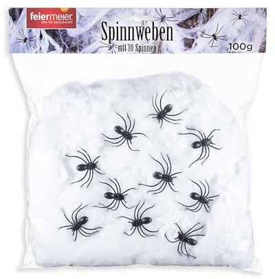 Halloween Dekoration 100g Spinnweben und 10 Spinnen | Weiß Schwarz