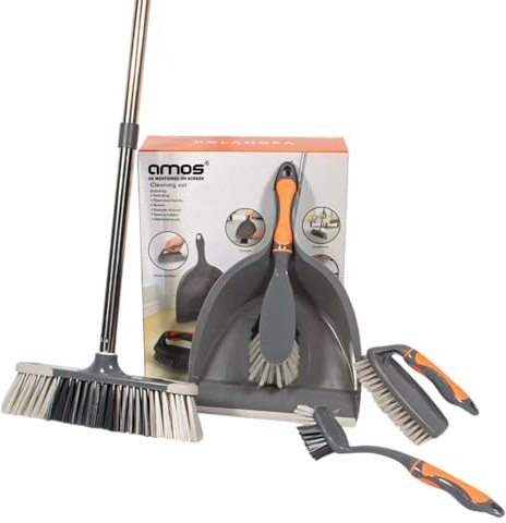 AMOS 5-in-1 Cleaning Set Perfect for Kitchens and Homes Includes Broom, Dustpan, Hand Brush, Scrubbing Brush, and Dish Brush - Grey