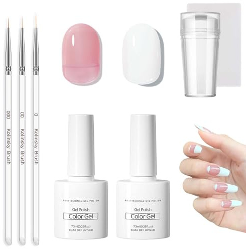 French Manicure Kit - 2PCS Gel Nail Polish Set - Jelly Pink White Color Nail Polish French Nail Tool Set - 3PCS Thin Nail Art Brushes and Nail Stamper Long Lasting UV Lamp Required
