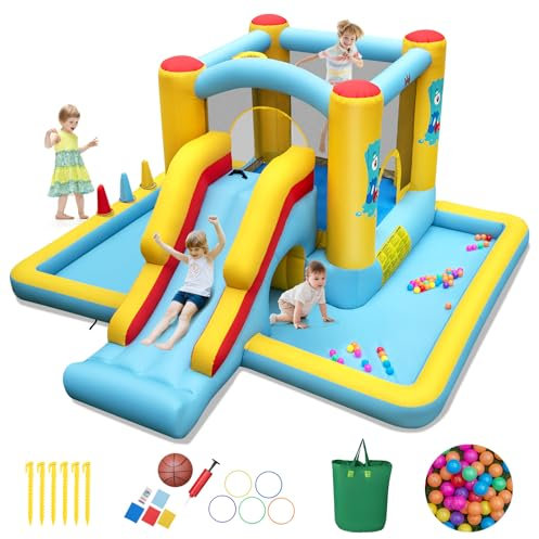 GYMAX Castello Gonfiabile per Bambini con Scivolo, Trampolino, Canestro da Basket, Area Giochi Gonfiabile per Interni ed Esterni, Parco Gonfiabile per Bambini 3-10 Anni, 394 x 389 x 194 cm