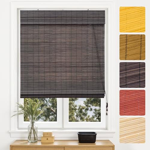 Victoria M. Bambus Raffrollo Sonnenschutz Sichtschutz Rollo Seitenzugrollo, für Fenster und Türen, Blickdicht, Dunkelbraun, 140 x 160 cm