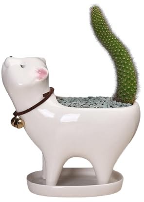 Yizzwtc Macetas de Cerámica, Maceteros Decorativos Interior Pequeños, Maceta en Forma de Gato Bonita Maceta para Suculentas para Casa, Suculentas, Flores, Cactus, Decoración de Hogar (Blanco)