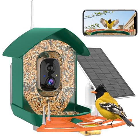 Bird Feeder with Camera,WiFi Smart Bird House with Cam Solar Powered for Outdoor,AI Identify,App Notification,Night Vision,2K Live View,Auto Record Video,Birdwatching Gifts for Family,Birds Lover
