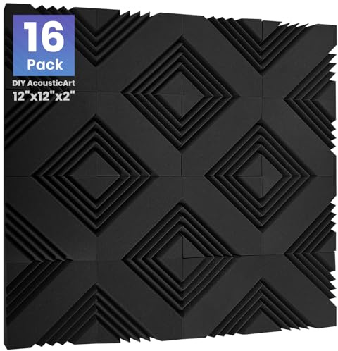 Focusound 16 Pack DIY Creative Art Decor Acoustic Foam Panels 2 x 12 x 12 Sound Proof Foam Panels Soundproofing Noise Cancelling Wedge Panels with 90PCS Reusable Double-Side Adhesive Dots