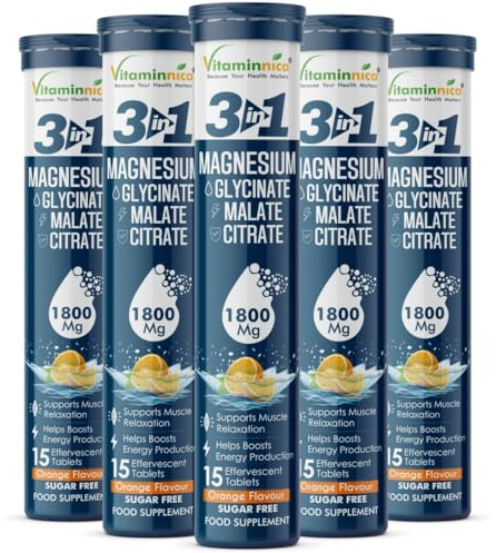Vitaminnica Magnesium 3-in-1 Effervescent- 15 Tablets – High Absorption Magnesium Malate, Citrate & Glycinate – Energy, Muscle Function & Relaxation – Sugar-Free (5, Orange)