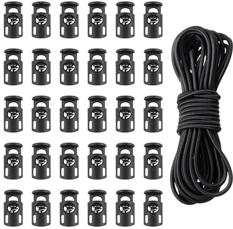 30 Pieces Toggles for Drawstrings and 10m Black Elastic Cord Kit | Plastic Cord Locks, Single Hole Fastener Slide, Easy Adjustment, for Shoelaces Clothing Camping Equipment Backpack Paracord