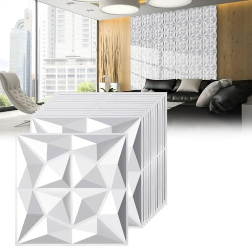 Jopassy Lot de 48 panneaux muraux 3D diamant - 30 x 30 cm (4,32 m²) - Panneaux muraux 3D - En PVC - Non déformables - Résistants à l'eau - Résistants à la chaleur - Blanc mat