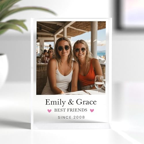 Beecreative Personalised Best Friend Gift - Custom Friendship Photo Frame Clear Acrylic Block - Best Friends Birthday Gifts For Women - With White Gift Bag