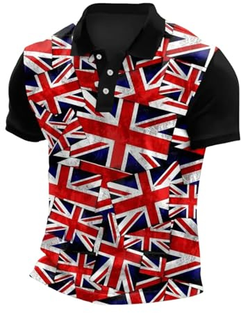 Camiseta de manga raglán con estampado de bandera británica para hombre, estilo informal, con botones y solapa, Negro , 5XL
