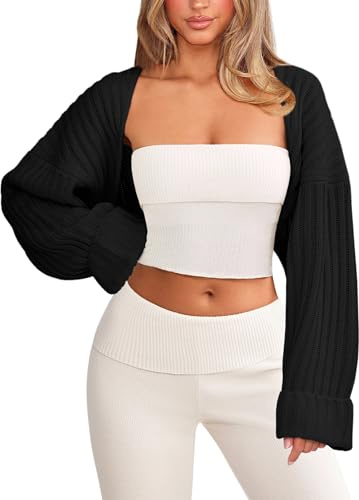OZICERD Chunky Knit Bolero Shrug Cardigan Sweater for Women Fall Open Front Long Arm Sleeve Cropped Cardigan Y2k Loose Sueter Black Medium