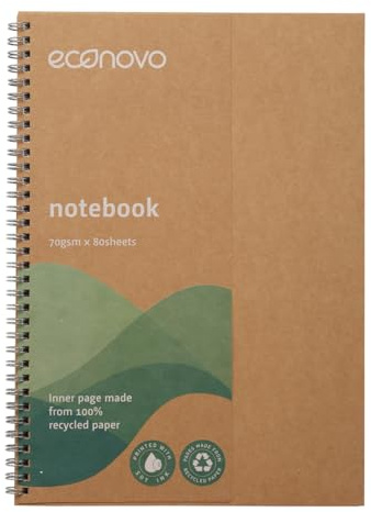 Bloc de notas en espiral Econovo, cuaderno A4, papel 100% reciclado con tinta de soja, 80 hojas rayadas, 1 unidad marrón, tapa kraft, para oficina y escuela, bloc de notas para diario, cuaderno de ne