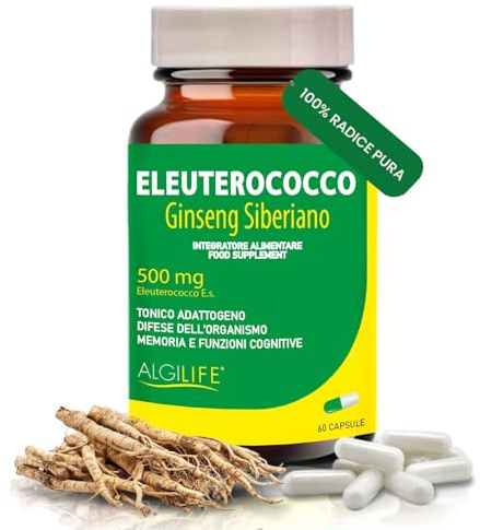 ALGILIFE Ginseng Siberiano 500mg, Eleuterococco Integratore Mente e Corpo, Integratore Energia Fisica e Mentale, Vegan, Ginseng Senza Lattosio (60 capsule)