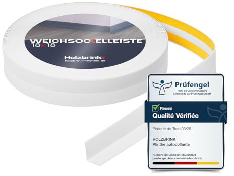 HOLZBRINK Plinthe souple autoadhésive 18x18mm, 75 m (3x25m) | Plinthe PVC pour jonction plan de travail, bande joint salle de bain | Lame PVC adhesive | Couleur: Blanche