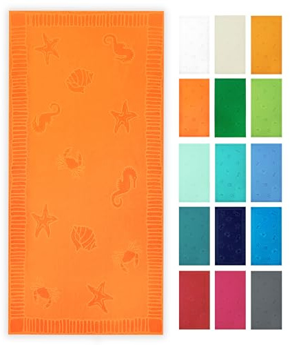 ZOLLNER Strandtuch - hautfreundliches und saugstarkes Handtuch in 100x200 cm - waschbar bis 60°C - Baumwolle in orange - eingewebte Meerestiermotive - Oeko Tex® Zertifiziert
