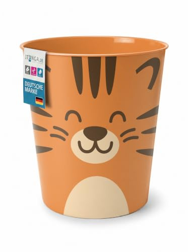 itenga Papierkorb für Kinder mit Tier Motiv - Kawaii Design - rund ca. 11 Liter - Mülleimer fürs Kinderzimmer - stabiler Kunststoff (Tiger)