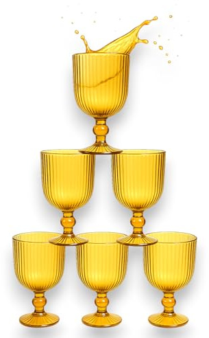 KORAT Set 6 Bicchieri Natalizi Rigati in Vetro Calici, Flute Design Elegante Rosso/Oro Per Vino, Prosecco e Decorazioni Natalizie per Tavola Natale e Festività (Calice - Rigato Oro - 260 ML)