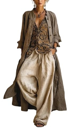 Womens Vintage 3 Piece Polyester Duster Coat With Tank Top & Wide Leg Pants Set Boho Style Casual Homewear Set