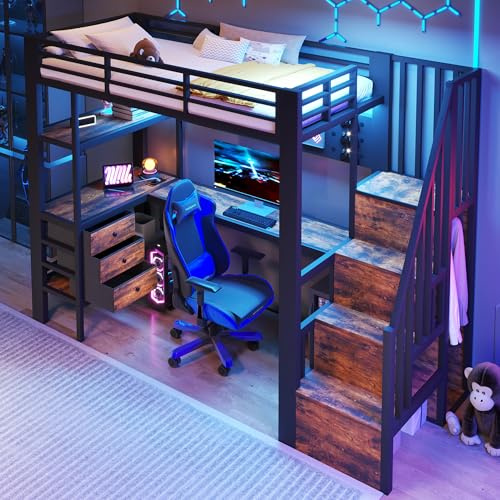 Xwiny Kinderbett 90x200 cm mit LED-Beleuchtung und Vielseitiger Stauraum, Hochbett mit Schreibtisch und Offene Regale, Stauraumbett mit Treppe Stauraum, Schwarz(Ohne Matratze)