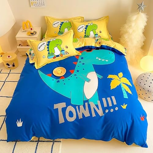 BJCJGGL Enkelt bäddset tecknad dinosaurie påslakan för barn – sängklädesset med dragkedja och 2 örngott 50 cm x 75 cm – mjukt allergivänligt mikrofiberpåslakan 135 cm x 199 cm