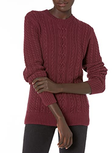 Amazon Essentials Pull Doux à Col Rond et Manches Longues Type Pêcheur, Maille Torsadée (Disponible en Grandes Tailles) Femme, Bordeaux Foncé, XXL