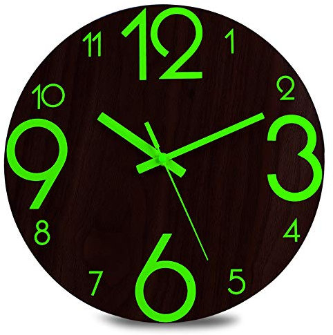Plumeet Luminous Wall Clocks - 12'' Non-Ticking Silent Wooden Clock with Night Light - Large Decorative Wall Clock for Kitchen Office Bedroom (Flat Number)