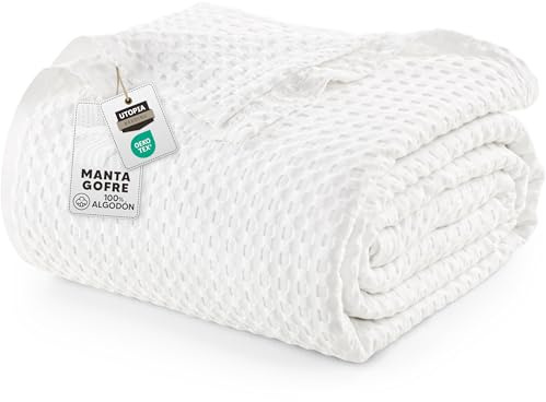 Utopia Bedding 100% Cotton Waffle Weave Blanket Queen Size for Bed - Lightweight, Breathable Summer Blankets Soft and Cozy, Gifts for Women Home Room Decor (White, 90x90 Inch)