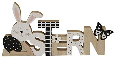 Posiwio dekorativer Schriftzug Ostern mit Blümchen und Schmetterling in schwarz weiß als ausgefallene Osterdeko, Beige Schwarz Weiß, ca. 30 x 2 x 14,5 cm hoch