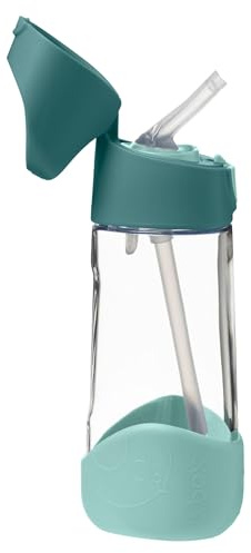 b.box 15oz Tritan Kids Water Bottle – Toddler Drink Bottle with Straw for School, Daycare, Travel w/Easy-Grip Triangular Design, Leak Proof Lid & Handle, BPA Free, Dishwasher Safe (Emerald Forest)