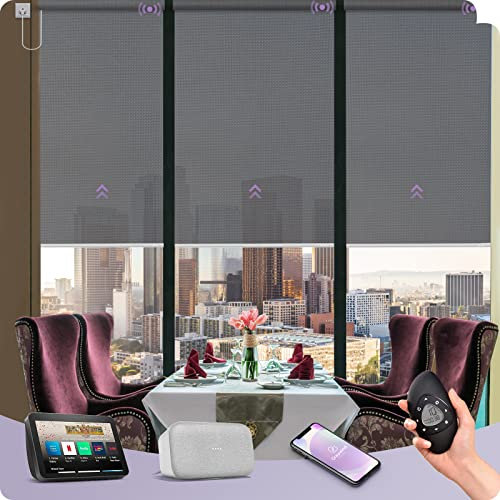 Graywind Smart Sunscreen Blinds - 5% Openness Solar Fabric for UV Protection & Maximum View-Through, Hardwired Motorised Electric, Compatible with Alexa & Google, Customised, Remote Control, Grey