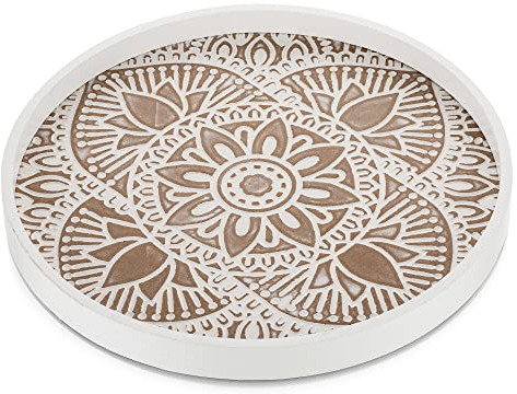 Hanobe Holztablett Deko Tablett Rund: Vintage Dekotablett Weiß Gewaschen 30cm Serviertablett Holz Klein Rundes Kerzen Tabletts Shabby Weiss Boho Kerzentablett Tischdeko für Teelicht Küche Tisch