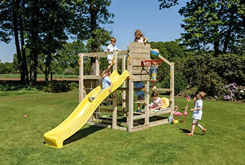 Gartenwelt Riegelsberger Spielturm Crossfit aus naturbelassenem Lärchenholz B206 x T215 x H240 cm mit Kletterwand Wellenrutsche BLAU Basketballkorb Bodenanker Leiter und Griffe