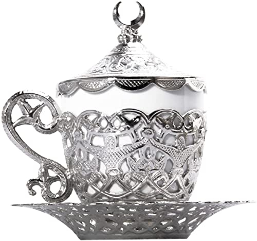 Alisveristime (1 x türkische Kaffeetasse – traditionelles Design mit Halbmond-Motiv, Porzellantasse und Untertasse für türkischen, griechischen, arabischen Kaffee und Espresso (Gelincik) (Silber)