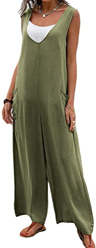 Onsoyours Salopette In Lino Da Donna Pantaloni Siamesi Sling Senza Maniche Pantaloni Larghi Tuta Casual Allentata Salopette Morbido Cotone Lino Tutina Regolabile Romper Con Tasche Verde L