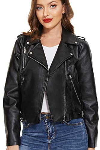 Fahsyee Women's Leather Jackets, Faux Motorcycle Plus Size Moto Biker Belted Coat Lightweight Vegan Pleather Blazer, Black L