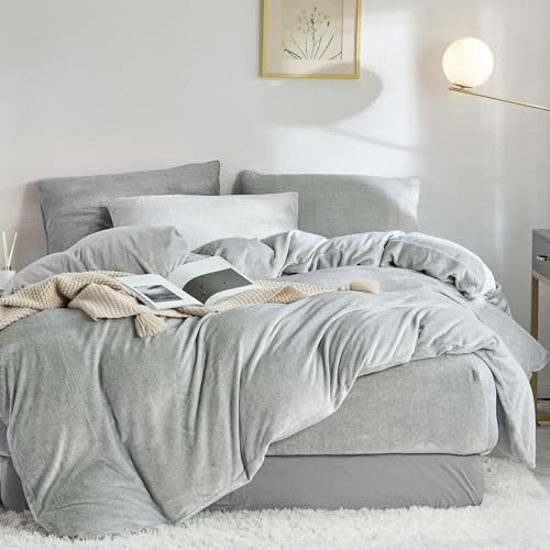 Warme Plüsch Kuschel Bettwäsche 135x200 Winter Grau Cashmere Touch Flauschige Fleece Bettwäsche 135 x 200 Frottee Nicki Samt Thermo Weiche Hellgrau Uni Microfaser Fleece Winterbettwäsche Set