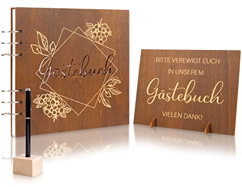 Holz Gästebuch Hochzeit mit Stift & Willkommensschild, Hochzeitsgästebuch Hardcover Fotobuch mit 90 linierten Seiten, Vintage Hochzeitsdeko, Hochzeitsgeschenk für Brautpaar, Gästebuch Geburtstag Taufe