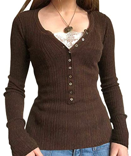 Langarm-Henley-Top für Damen, Langarm, lässig, Knopfleiste, Tunika, Bluse, gerippt, schmale Passform, Y2K, Spitze, Patchwork, S