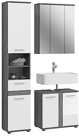 xonox.home Badezimmer Blake 3tlg. Kombination Badmöbel Set Set für kleine Bäder Komplettprogramm Badezimmer Bademöbel-Set in weiß Hochglanz, rauchsilber Nachbildung