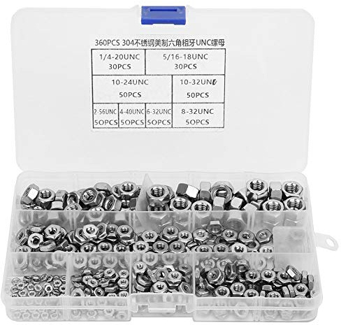 Artillery Sechskantmuttern Set, 360 Stück Edelstahl Sechskantmuttern Grobgewinde Amerikanisches System Unc Muttern Befestigungselemente Muttern Sicherungsscheiben Sortiment Set