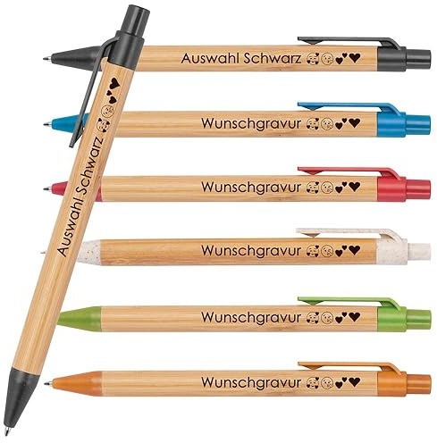 5x Kugelschreiber aus Bambus mit Wunschgravur | Nachhaltig | Emojis möglich | Blauschreibend | farbige Applikationen aus Weizenstroh | Werbekugelschreiber personalisiert (Schwarz)