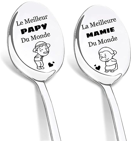 DIKARIYA Cadeau pour Papi et Mamie Cuillères Gravée Meilleur Mamie du Monde | Cuillère à Café Gravées au Laser Cadeau Papy Anniversaire, Cadeau Mamie Anniversaire Original, Cadeau Fete des Pere Papy