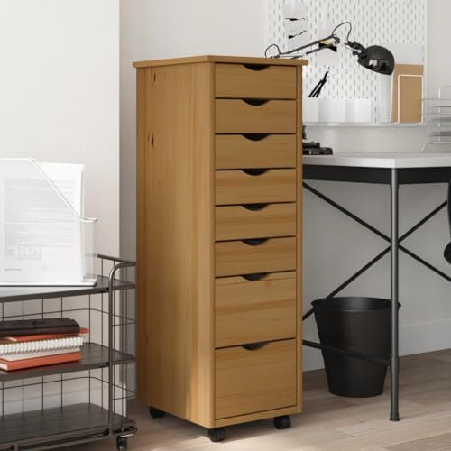 Homgoday Rollschrank mit Schubladen Rollcontainer Schubladenschrank Bürocontainer Aktenschrank Schubladenkommode für Schlafzimmer Arbeitszimmer Büro Honigbraun Massivholz Kiefer