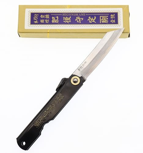 Higonokami Couteau de Poche Pliant Artisanal Japonais Tokubetsu Tedukuri Acier Bleu à Haute Teneur en Carbone Couteau Forgé Fait Main au Japon par Nagao Kanekoma (Manche Noir)