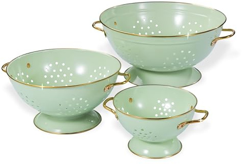 Metal Colander Set of 3, Strainer Basket with Handles perfect for Spaghetti, Pasta, Berry, Vegetable, Fruit, Solid Base Powder Coated Kitchen Essential Strainer Set, 1 & 3.5 & 5 Qt (Green)