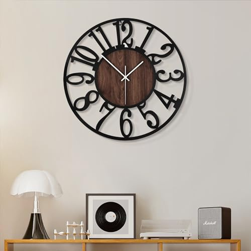 HAITANG Wanduhr für Wohnzimmer- dekorative 34 cm große, geräuschlose, Nicht tickende Schwarze Metall-Holzuhren für Bauernhaus, Schlafzimmer, Küche, batteriebetriebene Wanddekoration